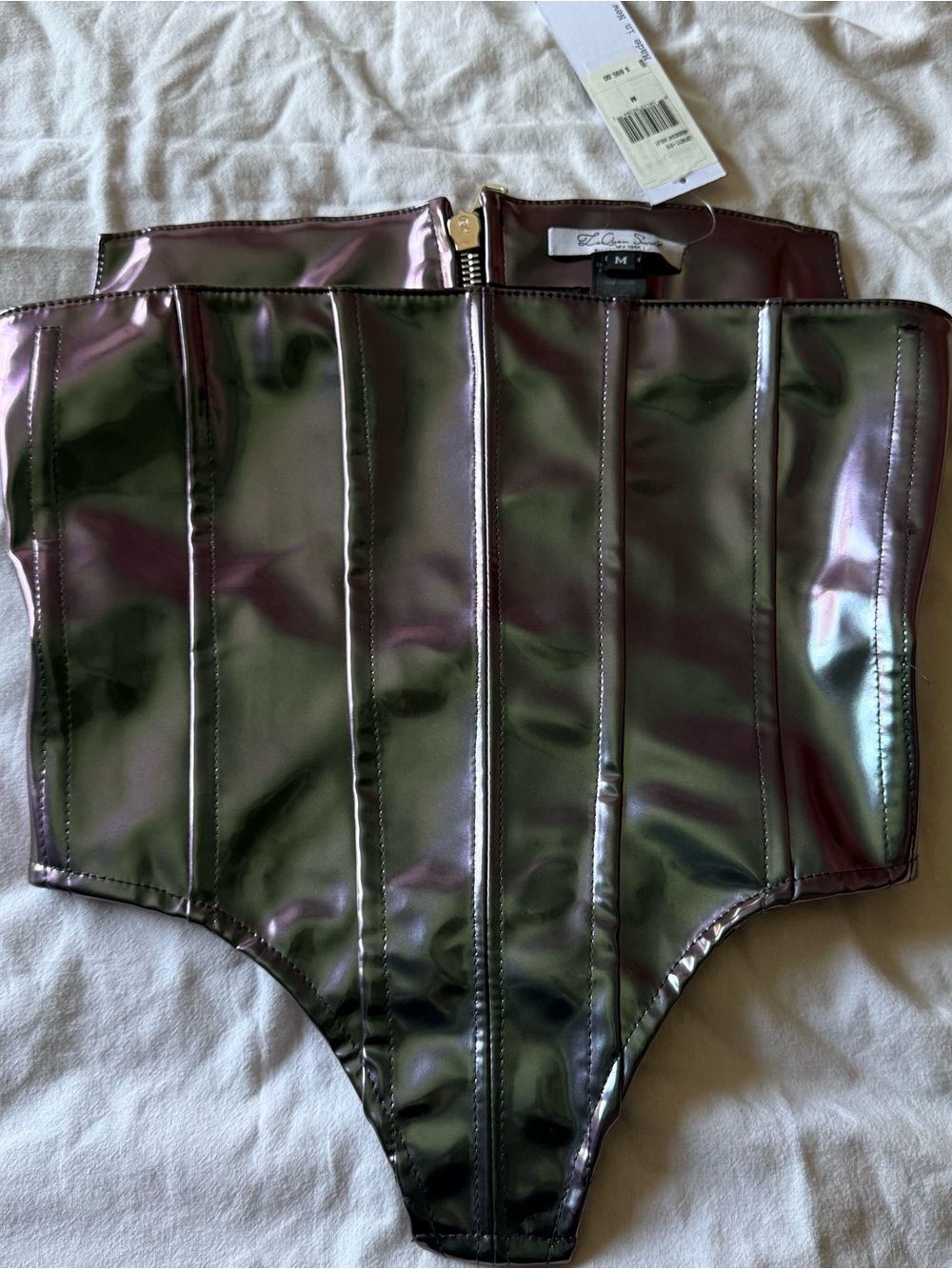 LaQuan Smith Iridescent Green-Purple Vinyl Corset Bodysuit